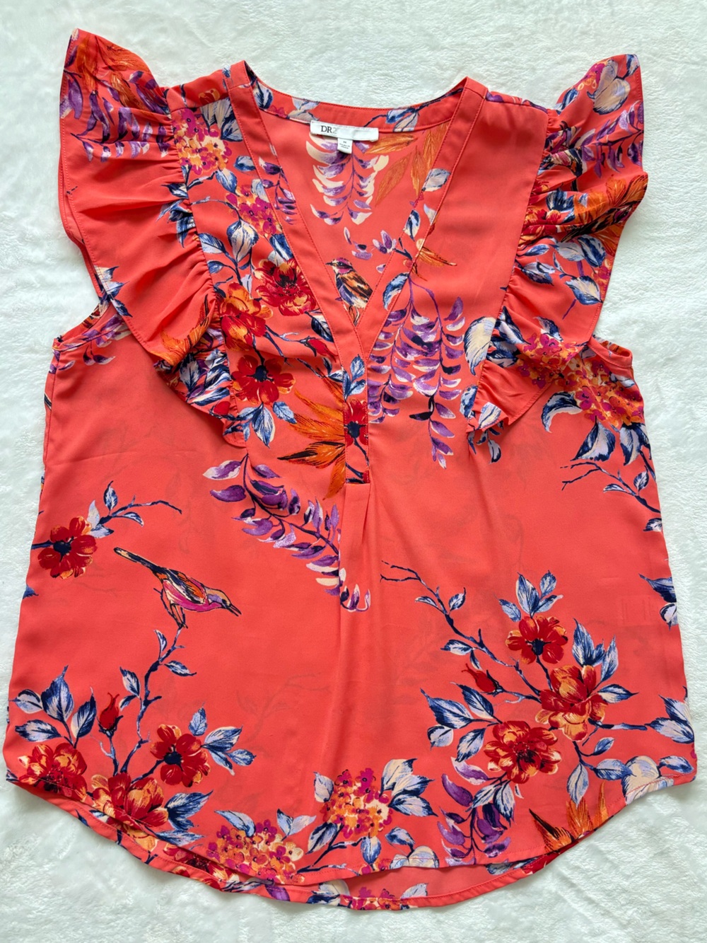 DR2 Short Ruffle Sleeve Coral Floral V-Neck Blouse--EUC--M